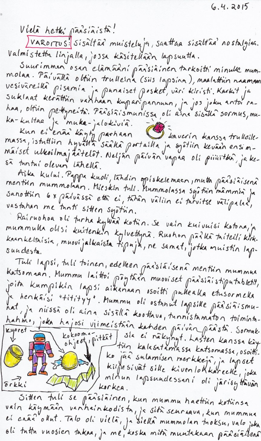 Kirje 4.6.2015 sivu 1, jossa muistellaan Kirjeilijän pääsiäismuistoja mummolassa
